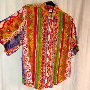 Vintage 90s Blue Earth Rayon Button Front Shirt M Colorful Boho Print